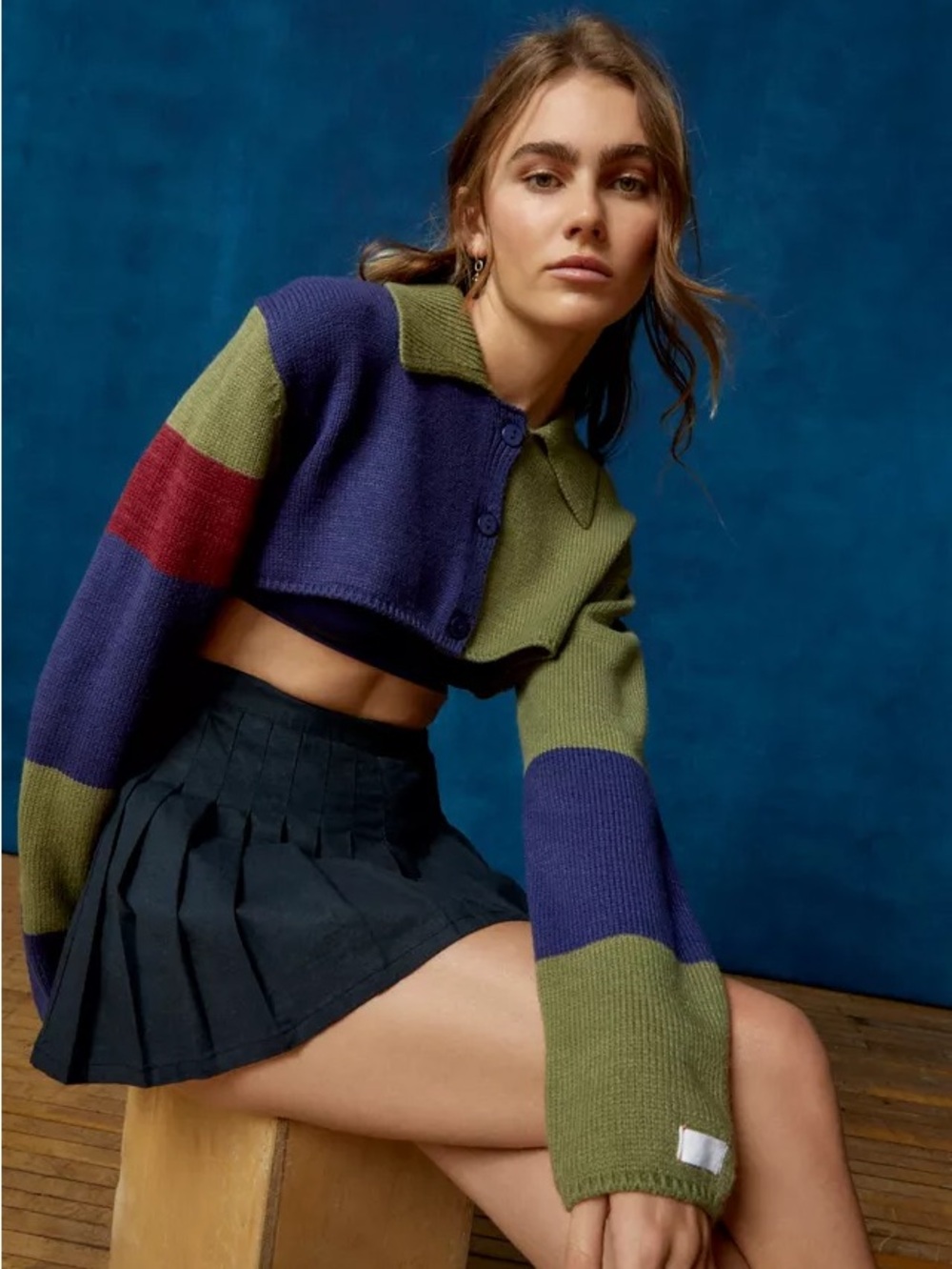 BDG Urban Outfitters Jakarta Colorblock Cropped Cardigan Medium Green Blue